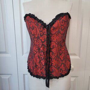 Red Black Brocade Ruffle Hook-and-Eye Lace-Up Sleeveless Corset Top sz XL NWOT